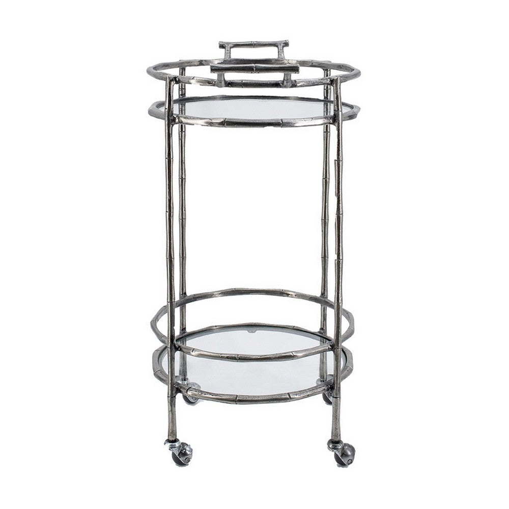 2 Tier Rolling Bar Cart, Glass Shelves, 30 Inch Bamboo Design Silver Metal - BM350092