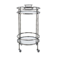 2 Tier Rolling Bar Cart, Glass Shelves, 30 Inch Bamboo Design Silver Metal - BM350092