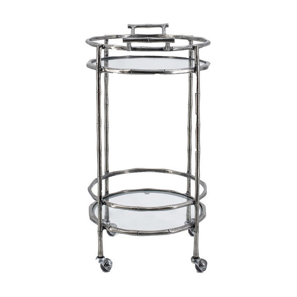 2 Tier Rolling Bar Cart, Glass Shelves, 30 Inch Bamboo Design Silver Metal - BM350092