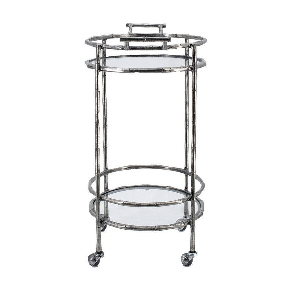 2 Tier Rolling Bar Cart, Glass Shelves, 30 Inch Bamboo Design Silver Metal - BM350092