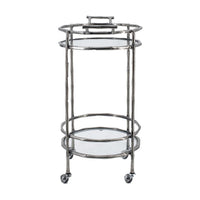 2 Tier Rolling Bar Cart, Glass Shelves, 30 Inch Bamboo Design Silver Metal - BM350092