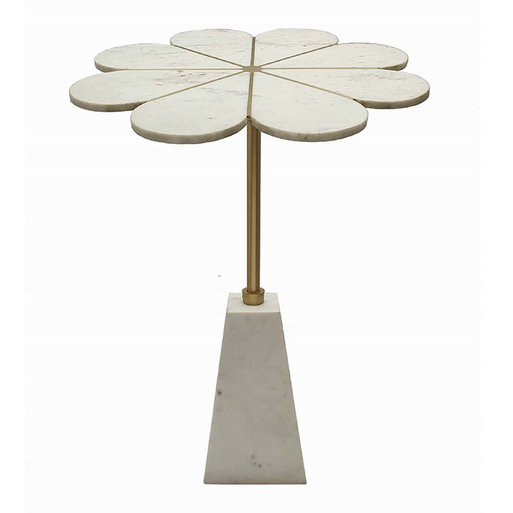 Gony Side End Table, 22 Inch Flower Top, Gold Brass Inlay, White Marble - BM350093