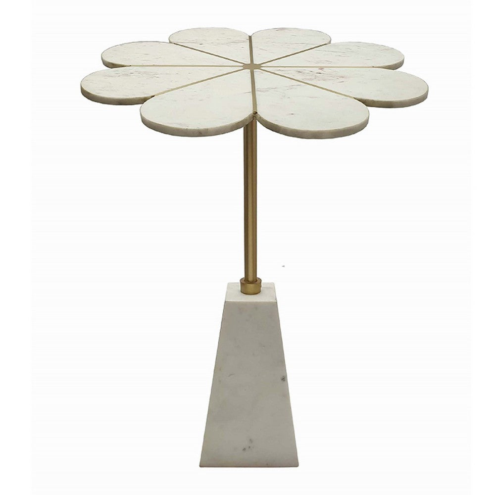 Gony Side End Table, 22 Inch Flower Top, Gold Brass Inlay, White Marble - BM350093