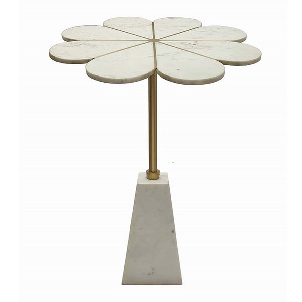 Gony Side End Table, 22 Inch Flower Top, Gold Brass Inlay, White Marble - BM350093
