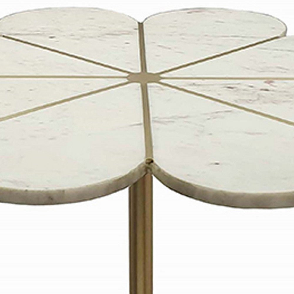 Gony Side End Table, 22 Inch Flower Top, Gold Brass Inlay, White Marble - BM350093