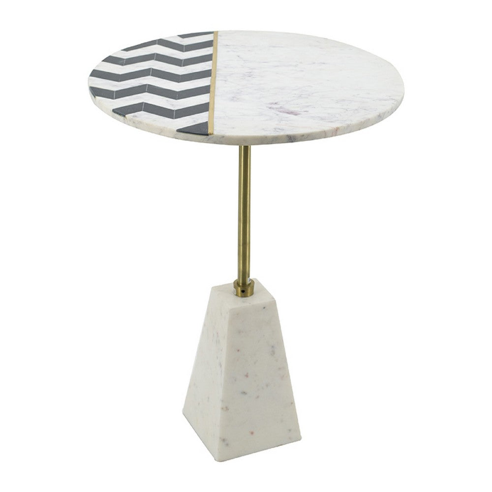Gony Side End Table, 18 Inch Round Zig Zag Top, Brass Inlay, White Marble - BM350094