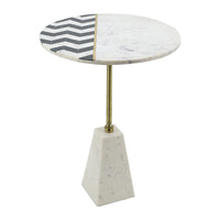 Gony Side End Table, 18 Inch Round Zig Zag Top, Brass Inlay, White Marble - BM350094