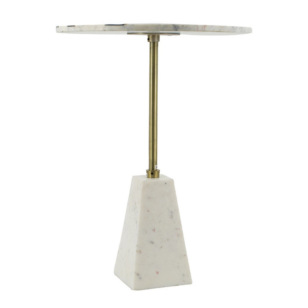 Gony Side End Table, 18 Inch Round Zig Zag Top, Brass Inlay, White Marble - BM350094