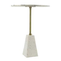 Gony Side End Table, 18 Inch Round Zig Zag Top, Brass Inlay, White Marble - BM350094