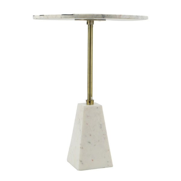 Gony Side End Table, 18 Inch Round Zig Zag Top, Brass Inlay, White Marble - BM350094