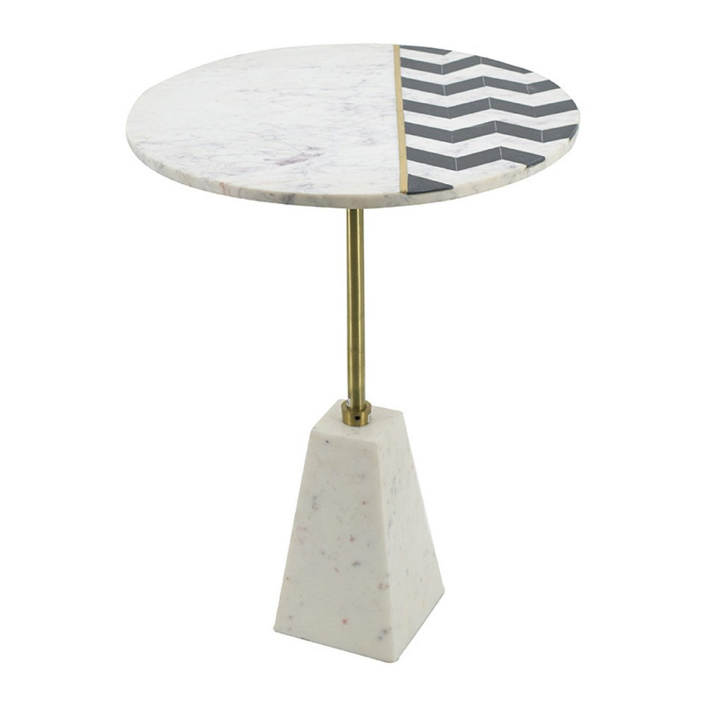 Gony Side End Table, 18 Inch Round Zig Zag Top, Brass Inlay, White Marble - BM350094