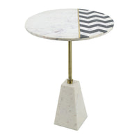 Gony Side End Table, 18 Inch Round Zig Zag Top, Brass Inlay, White Marble - BM350094