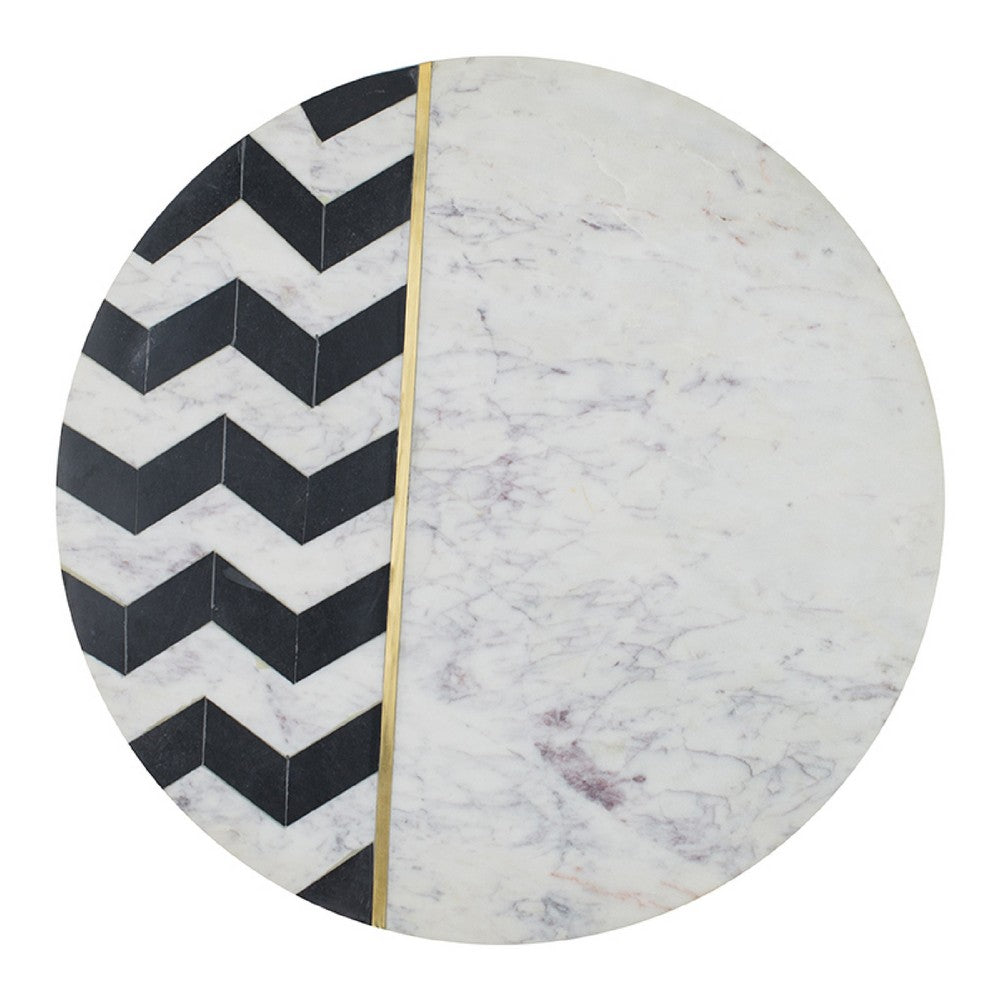 Gony Side End Table, 18 Inch Round Zig Zag Top, Brass Inlay, White Marble - BM350094