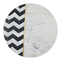 Gony Side End Table, 18 Inch Round Zig Zag Top, Brass Inlay, White Marble - BM350094