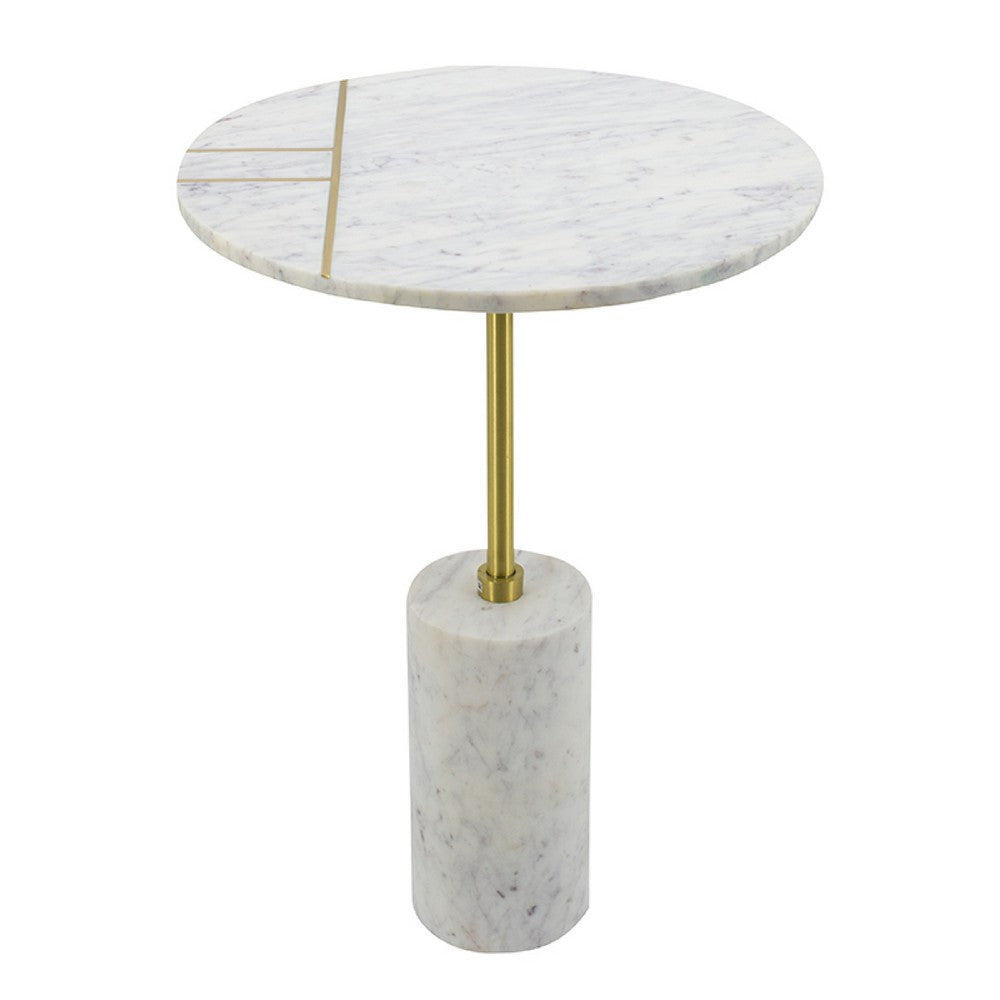 Gony Side End Table, 16 Inch Round, Brass Inlay, White Marble Pedestal - BM350095