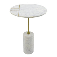 Gony Side End Table, 16 Inch Round, Brass Inlay, White Marble Pedestal - BM350095