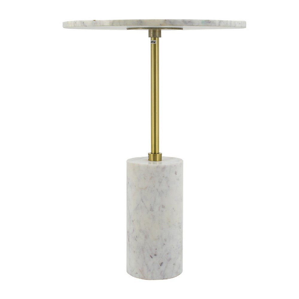 Gony Side End Table, 16 Inch Round, Brass Inlay, White Marble Pedestal - BM350095