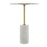 Gony Side End Table, 16 Inch Round, Brass Inlay, White Marble Pedestal - BM350095