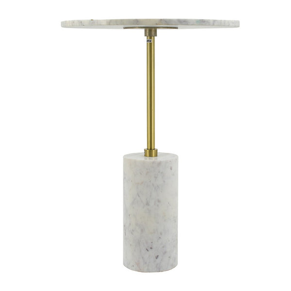 Gony Side End Table, 16 Inch Round, Brass Inlay, White Marble Pedestal - BM350095