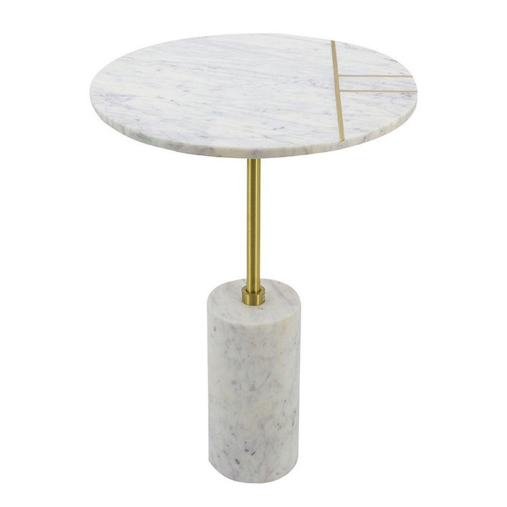 Gony Side End Table, 16 Inch Round, Brass Inlay, White Marble Pedestal - BM350095