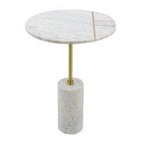 Gony Side End Table, 16 Inch Round, Brass Inlay, White Marble Pedestal - BM350095