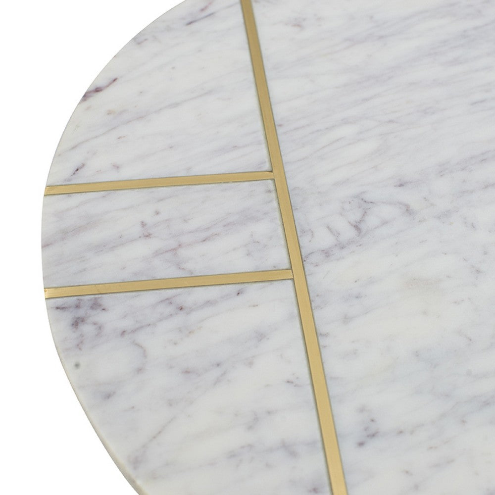 Gony Side End Table, 16 Inch Round, Brass Inlay, White Marble Pedestal - BM350095