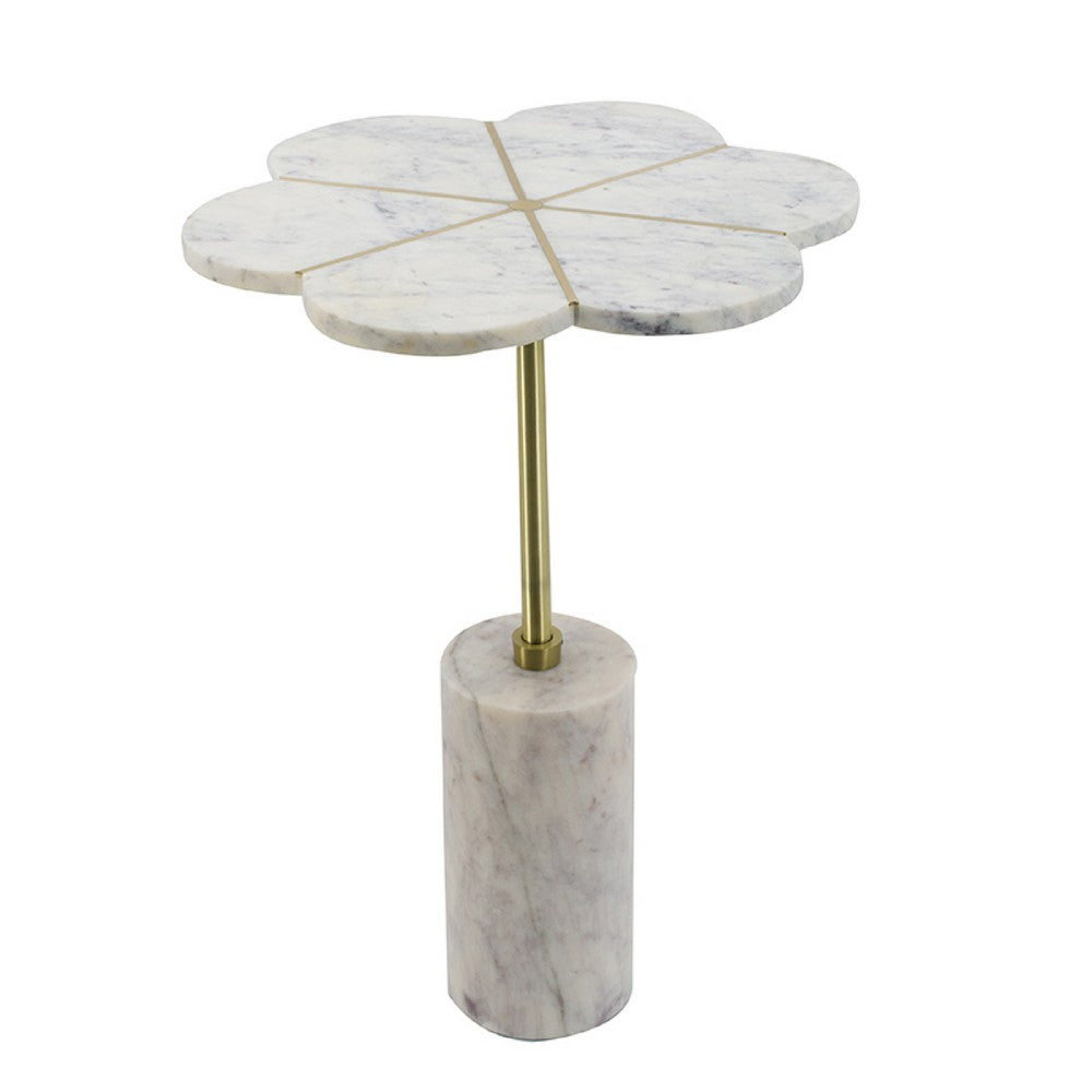 Gony Side End Table, 16 Inch Flower Top, Brass Inlay, White Marble - BM350096