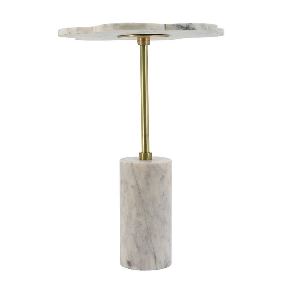 Gony Side End Table, 16 Inch Flower Top, Brass Inlay, White Marble - BM350096