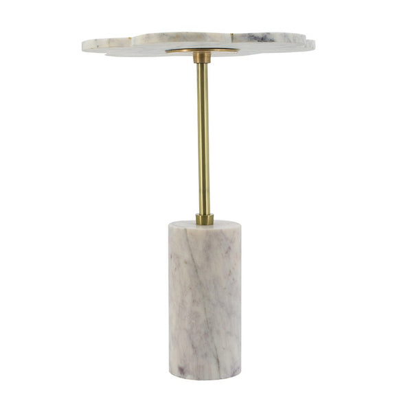 Gony Side End Table, 16 Inch Flower Top, Brass Inlay, White Marble - BM350096