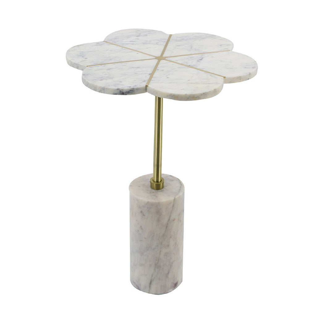 Gony Side End Table, 16 Inch Flower Top, Brass Inlay, White Marble - BM350096