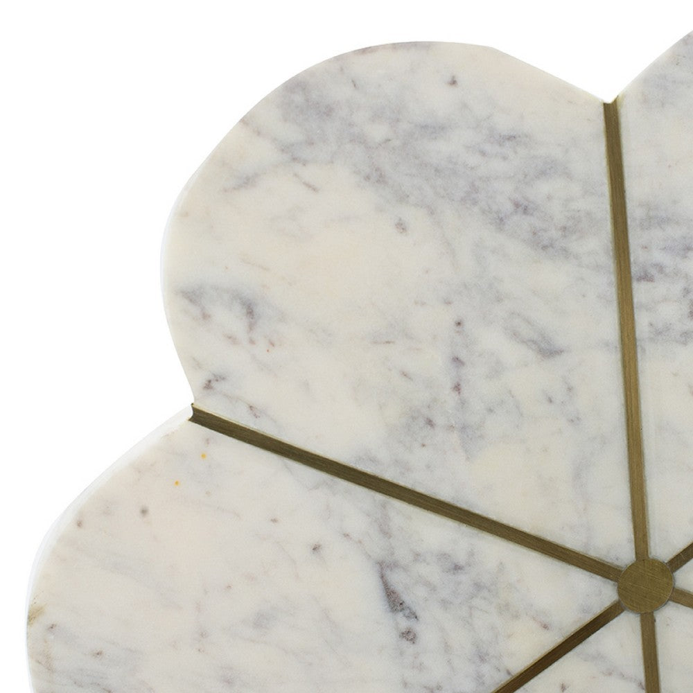 Gony Side End Table, 16 Inch Flower Top, Brass Inlay, White Marble - BM350096