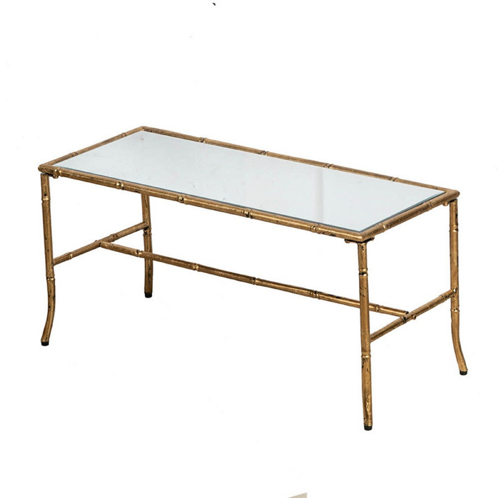 Coffee Table, 36 Inch Rectangular Glass Top, Antique Gold Iron Frame - BM350097