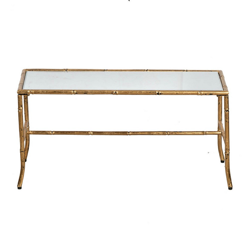 Coffee Table, 36 Inch Rectangular Glass Top, Antique Gold Iron Frame - BM350097