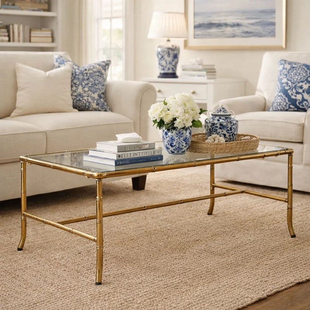 Coffee Table, 36 Inch Rectangular Mirror Top, Antique Gold Iron Frame - BM350097