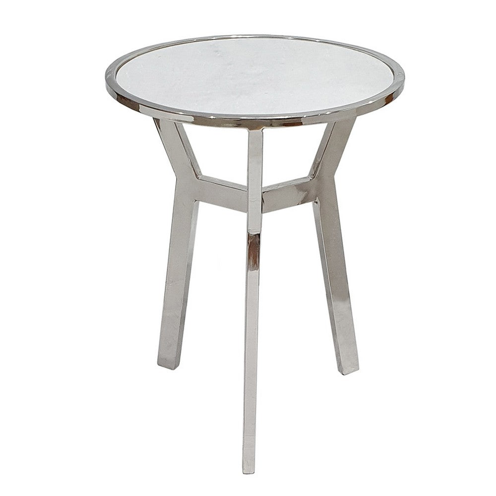 Side End Table, 18 Inch Round White Marble Top, Silver Steel X Base - BM350098