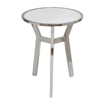 Side End Table, 18 Inch Round White Marble Top, Silver Steel X Base - BM350098