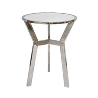 Side End Table, 18 Inch Round White Marble Top, Silver Steel X Base - BM350098