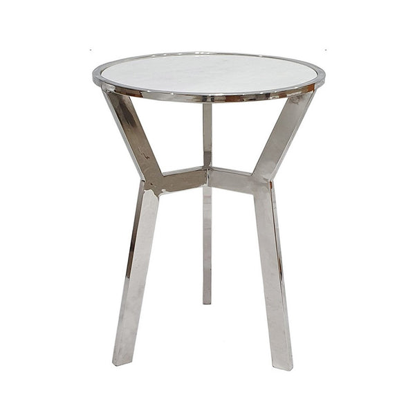 Side End Table, 18 Inch Round White Marble Top, Silver Steel X Base - BM350098