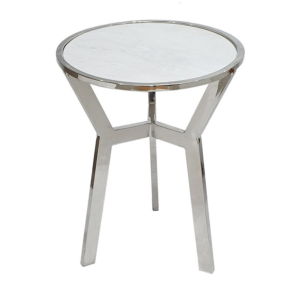 Side End Table, 18 Inch Round White Marble Top, Silver Steel X Base - BM350098