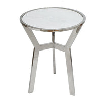 Side End Table, 18 Inch Round White Marble Top, Silver Steel X Base - BM350098