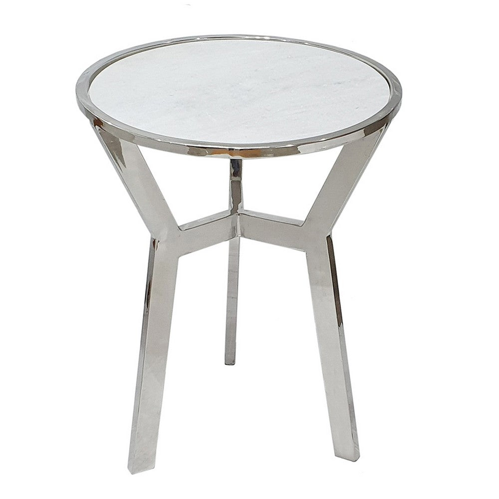 Side End Table, 18 Inch Round White Marble Top, Silver Steel X Base - BM350098