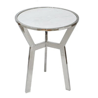 Side End Table, 18 Inch Round White Marble Top, Silver Steel X Base - BM350098