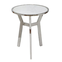 Side End Table, 18 Inch Round White Marble Top, Silver Steel X Base - BM350098