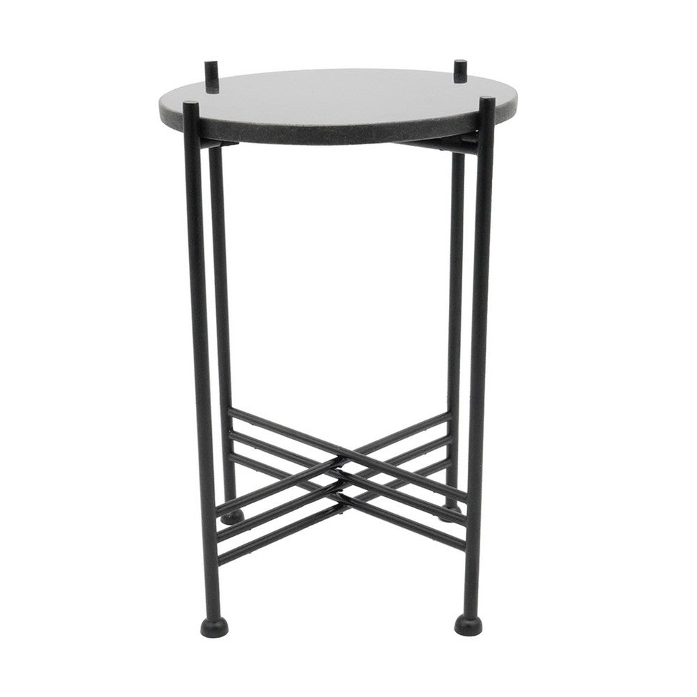 Azik Accent Table, 13 Inch Round Marble-Look Glass Top, Black Iron X Base - BM350099