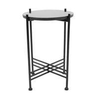 Azik Accent Table, 13 Inch Round Marble-Look Glass Top, Black Iron X Base - BM350099