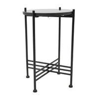 Azik Accent Table, 13 Inch Round Marble-Look Glass Top, Black Iron X Base - BM350099