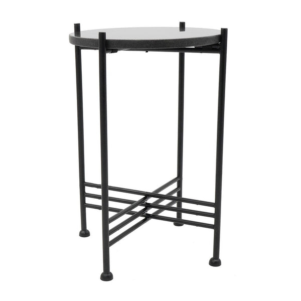 Azik Accent Table, 13 Inch Round Marble-Look Glass Top, Black Iron X Base - BM350099