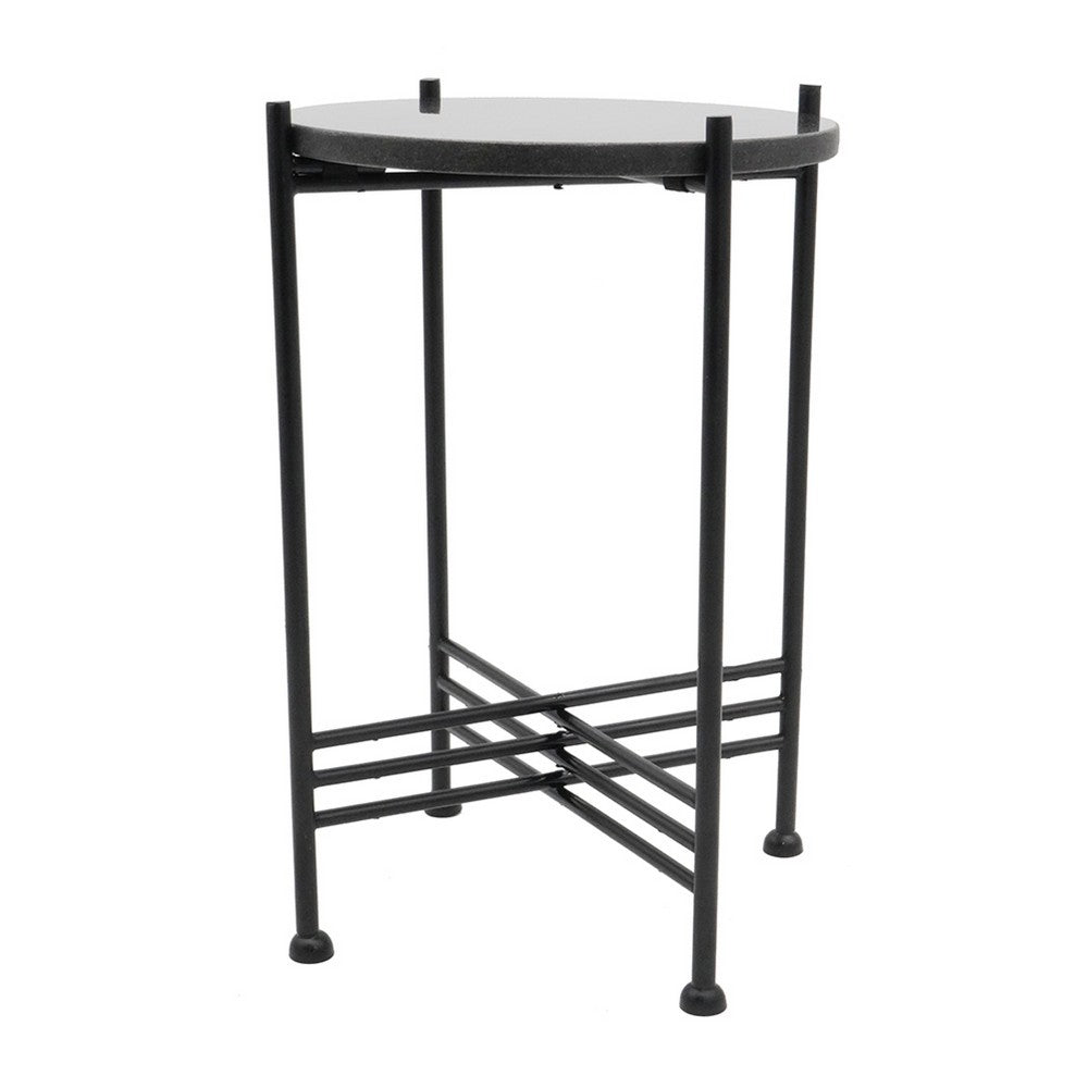 Azik Accent Table, 13 Inch Round Marble-Look Glass Top, Black Iron X Base - BM350099