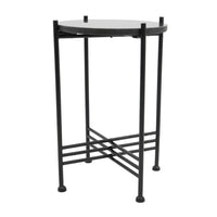 Azik Accent Table, 13 Inch Round Marble-Look Glass Top, Black Iron X Base - BM350099