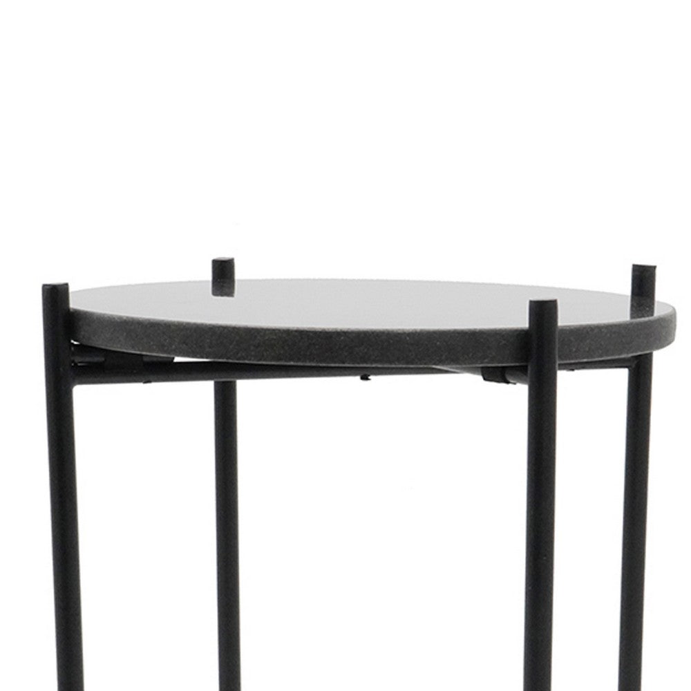 Azik Accent Table, 13 Inch Round Marble-Look Glass Top, Black Iron X Base - BM350099